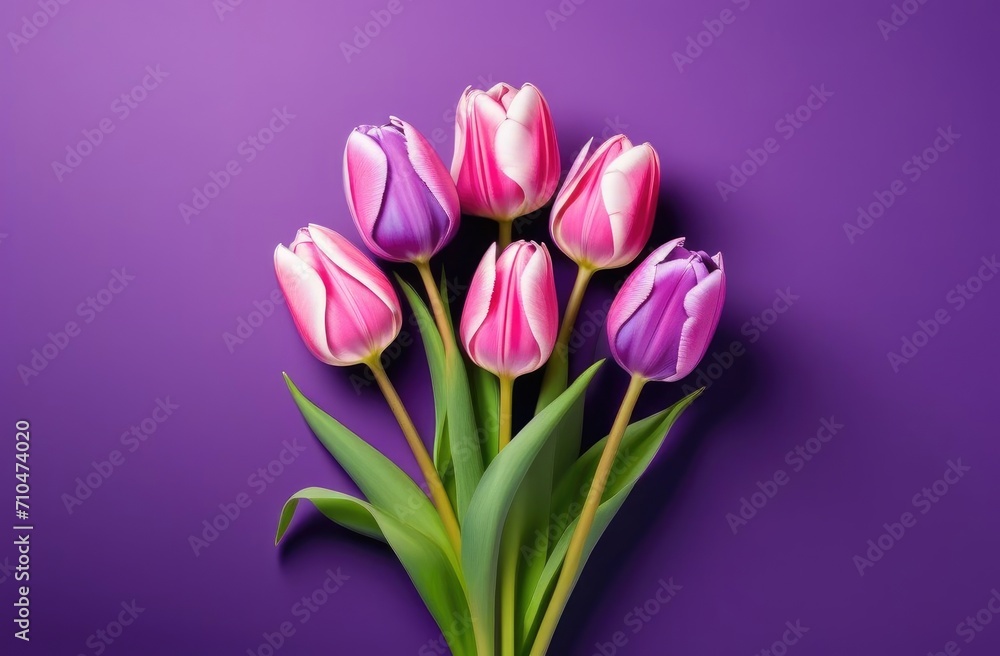 A bouquet of purple tulips, pink on a purple background. A place for the text. Postcard, banner on March 8th. View from above.