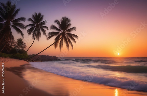 Sunset on the beach. Tropical paradise, white sand, beach, palm trees, ocean at sunset. © Elena