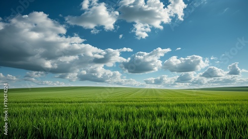 A panoramic image of a pristine green field, neatly mowed, set against a backdrop of a deep blue sky with light, scattered clouds, green field and blue sky with clouds