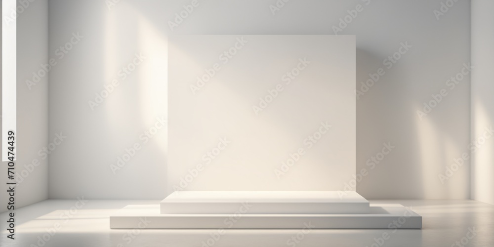 Abstract white product presentation stand on white background, empty room with shadows and sunlight on podium Abstract white product presentation stand on white background, empty room with shadows and sunlight on podium