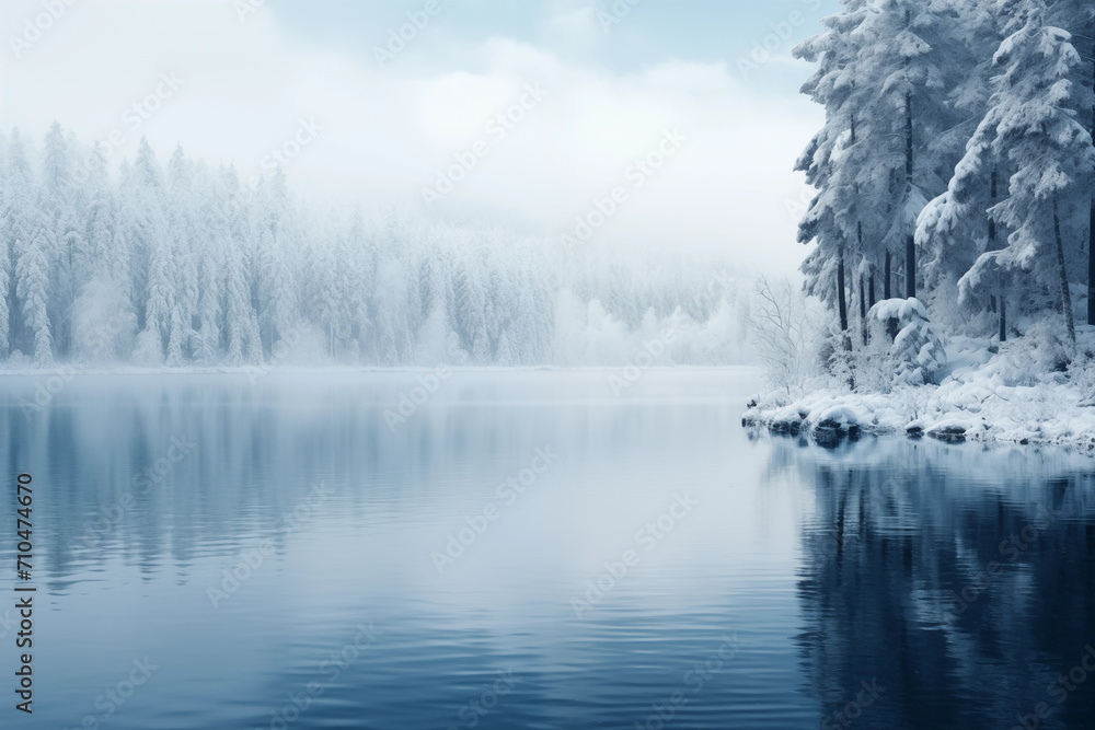 Blue lake winter landscape