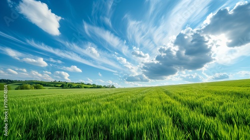 A panoramic image of a pristine green field  neatly mowed  set against a backdrop of a deep blue sky with light  scattered clouds  green field and blue sky with clouds