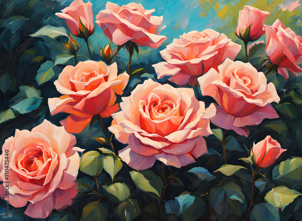 acrylic-painting-depicting-a-collection-of-individual-roses-arranged-sequentially-against-a-pristine