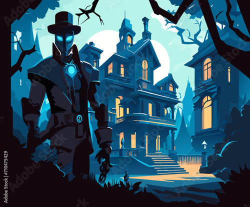 Robot ghost hunter in a haunted mansion. vektor icon illustation