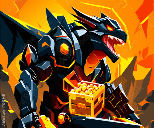 Robot dragon guarding a treasure hoard. vektor icon illustation