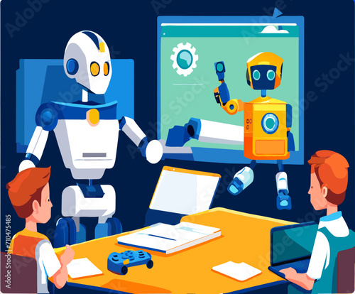 Robot teacher instructing a class of aliens. vektor icon illustation