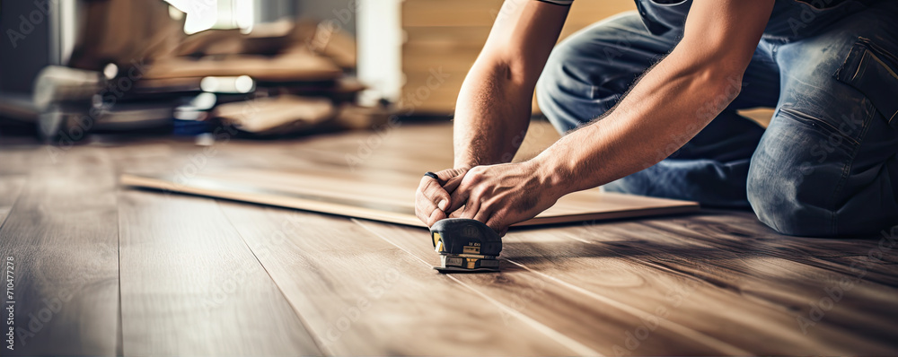 Installing or wood flooring at house. Worker Installing home wooden Floor. - obrazy, fototapety, plakaty 