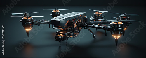 Modern drone in flyght over city or nature. Flying drone concept photo