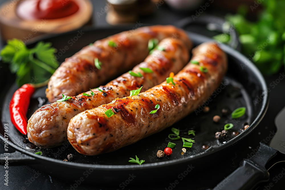 Grilled juicy sausages on a grill with fire. Shallow depth of field. Photos and menus of cafes and restaurants Grilled juicy sausages on a grill with fire. Shallow depth of field. Photos and menus of cafes and restaurants
