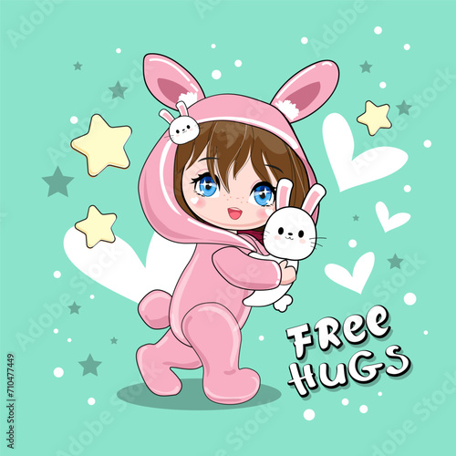 Cute cartoon anime girls and bunny on a mentol background. Anime Vector illustration print for kids. Funny rabbit