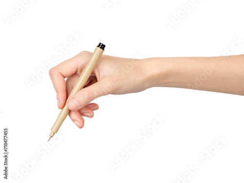 Female hand with marker on white background. Hand with a Pen	
Black Micron liner/pen. Stationery. markers. Pens. Graphic arts. Set of different markers