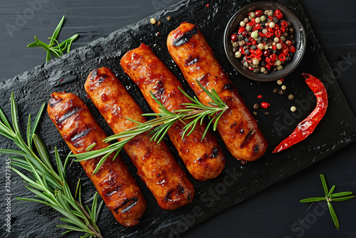 Grilled juicy sausages on a grill with fire. Shallow depth of field. Photos and menus of cafes and restaurants
