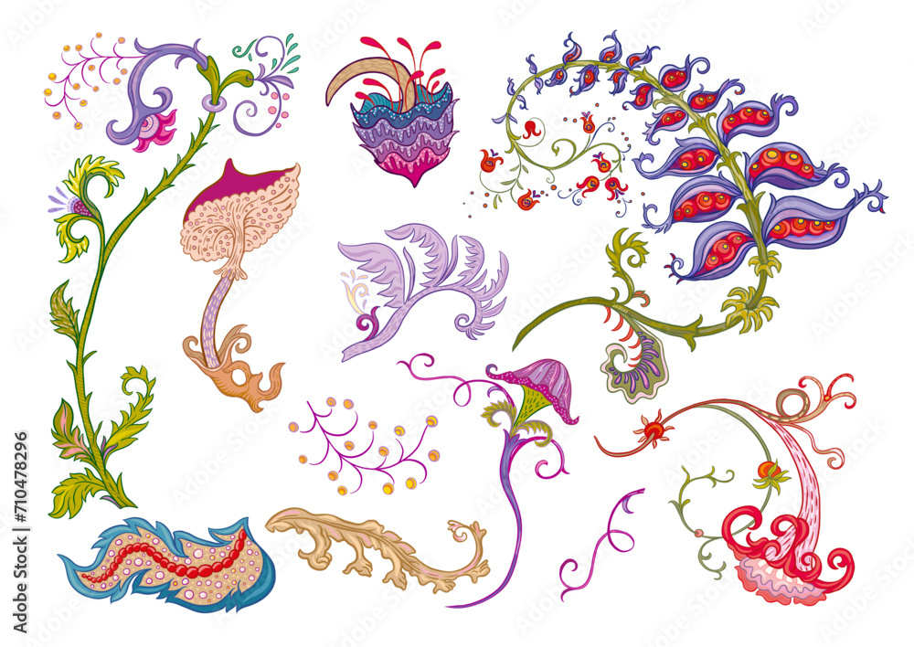 Obraz premium Fantasy, alien hypnotic flowers, decorative flowers and leaves. Cartoon style. Millefleurs trendy floral design. Clip art, set of elements for design Outline hand drawing vector illustration.