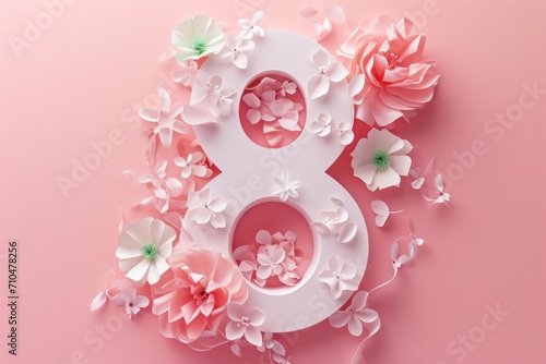 March 8 postcard. Decorative spring number 8 with ribbon and flowers, in the style of sculptural paper constructions, light pink. photo