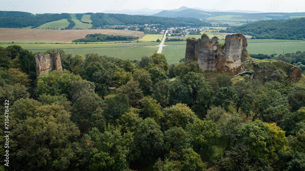 Aerial view of Cicva castle ruins, Sedliska - Podcicva Village, Slovakia