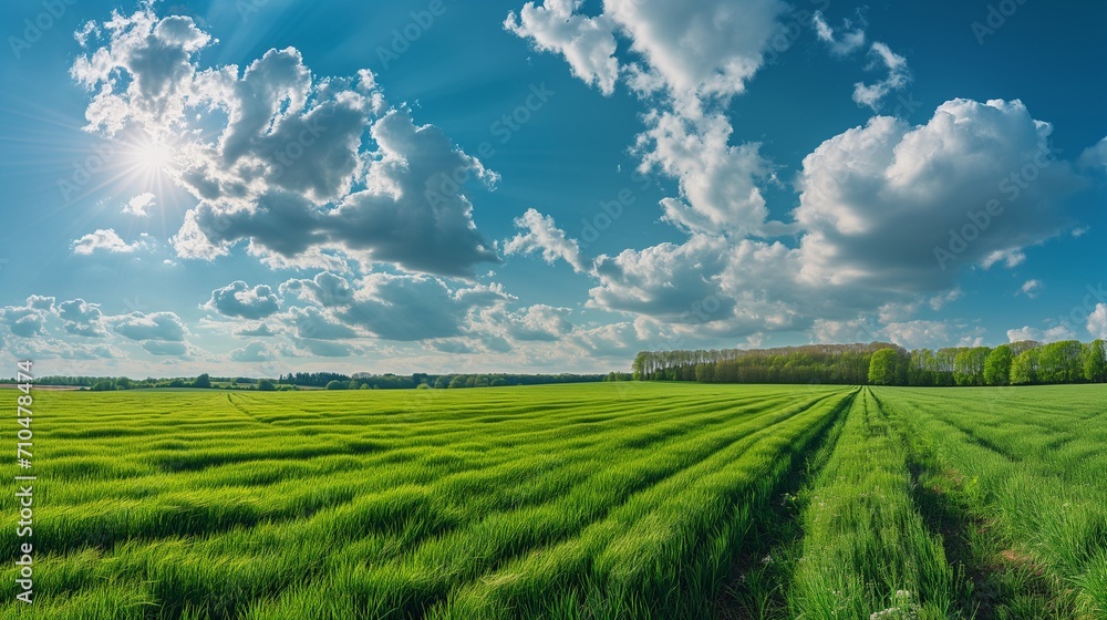 A panoramic view of a sprawling, freshly cut green field, under a clear sky with fluffy clouds, the perfect depiction of a bright, sunny summer day. green field and blue sky