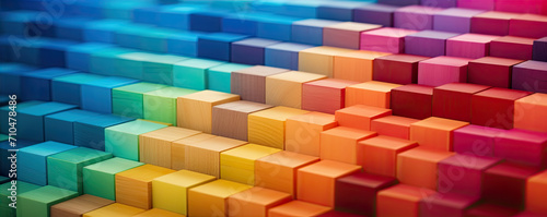 Wooden blocks in various colors like red  blue  green   orange  violet. Rainbow colors on wood cubes.