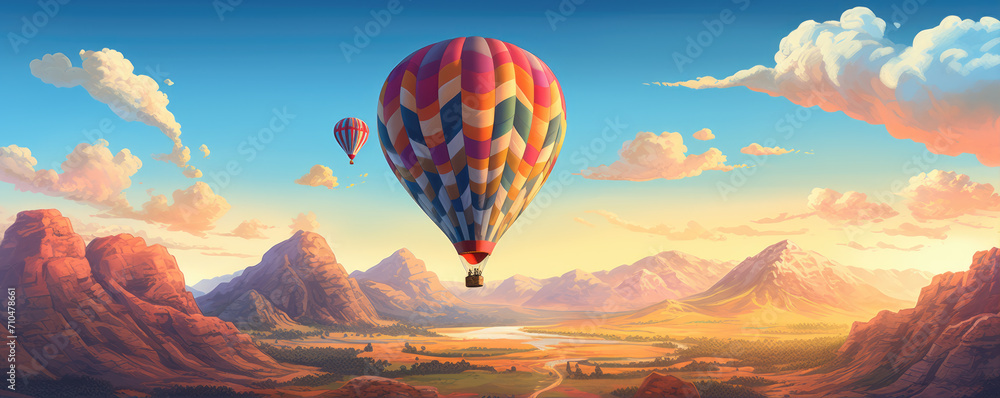 Fototapeta premium Hot air balloons flying above beautiful nature. copy space for your text.