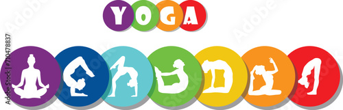 
Colourful yoga set on white background. Yoga poses, asana and yoga word  in chakras colors. Healthy lifestyle and relaxation.