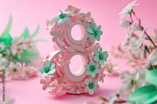 March 8 postcard. Decorative spring number 8 with ribbon and flowers, in the style of sculptural paper constructions, light pink.