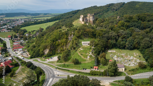 Aerial view of Cicva castle ruins, Sedliska - Podcicva Village, Slovakia photo