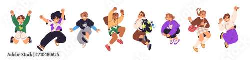 Children jump for joy set. Happy kids hands up, rejoice to success. Different cute boys and girls celebrate school holidays. Cheerful pupils fun. Flat isolated vector illustration on white background