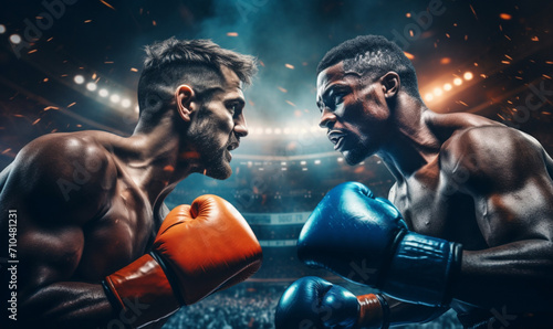 Two emotional strong man boxers in dynamic action in boxing ring photo