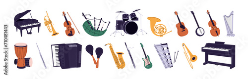 Different musical instruments set. Various orchestra equipments. Drum kit, classical piano, jazz trumpet, electric rock guitar, violin, harp. Flat isolated vector illustrations on white background