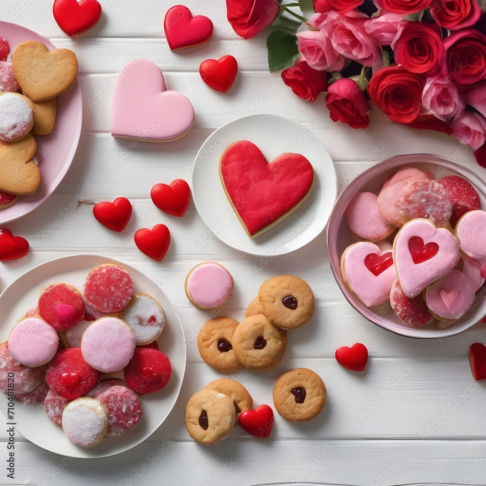 Fototapeta premium Valentines Day table scene with a selection of sweets and cookies, top view over a white wood background