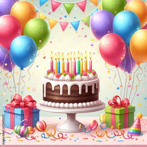  a cheerful illustration showcasing a background filled with vibrant birthday party balloons  complemented by a festive cake adorned with flickering candles