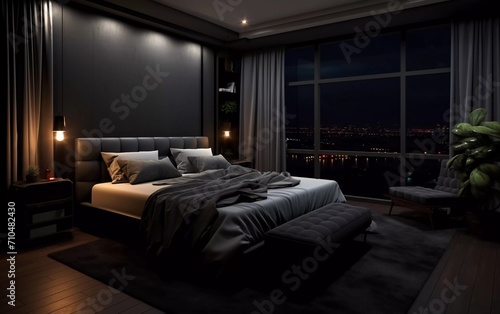 realistic photos Elegant and comfortable home and hotel bedroom interiors, with dark color combinations. generative ai photo