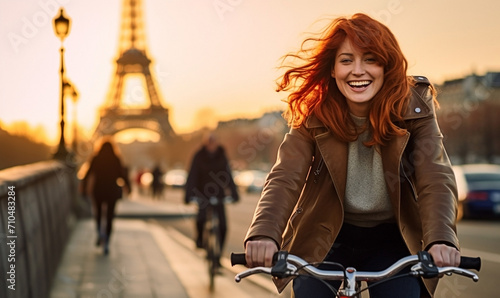 Cheerful Happy young woman with red hair riding bicycle in Paris