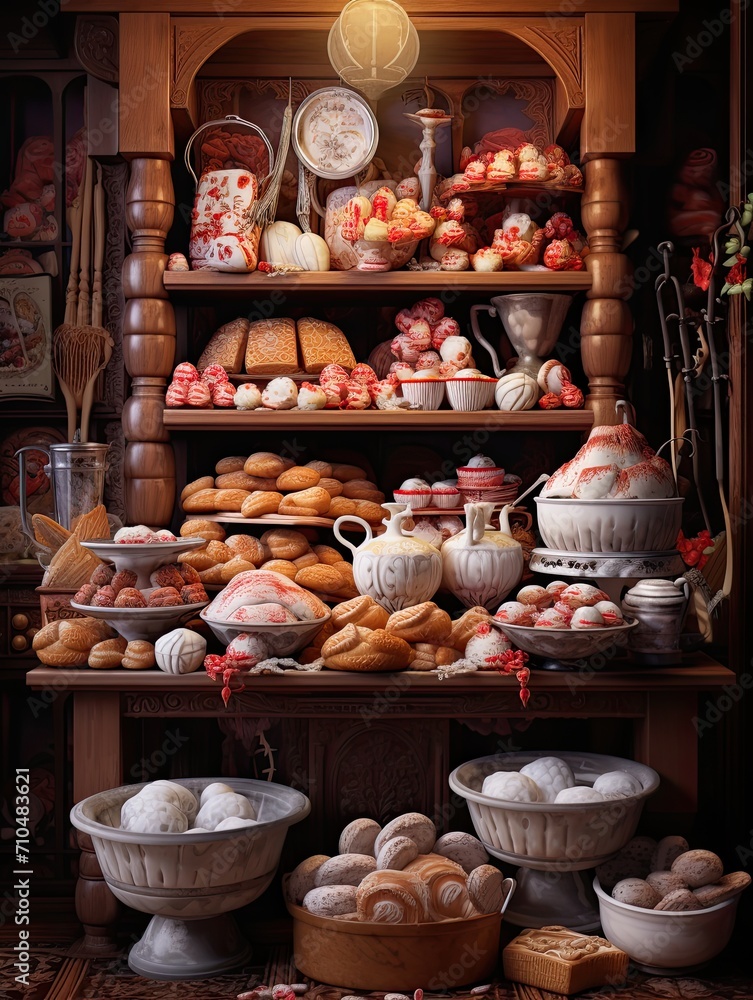 Fototapeta premium Delicious Baking: Sourdough Bread, Cupcakes, and Confectionery Galore