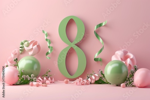 March 8 postcard. Number 8 on a pink background with green balloons and ribbon, in the style of sculptural paper constructions, delicate flowers. photo