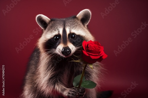 Romantic Raccoon Charm: Adorable Creature with a Rose on a Striking Red Background. © Raccoon Stock AI