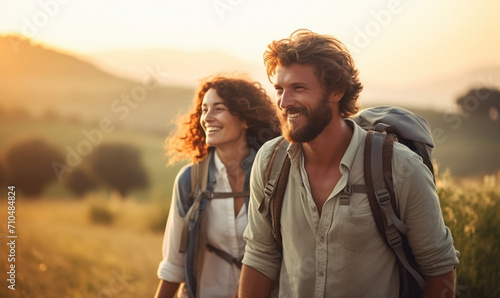 Couple hiker traveling, walking outdoors with a beautiful summer landscape