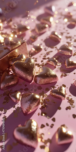 Golden hearts on a pink background. Love concept with pastel colors. Happy Valentines Day.
