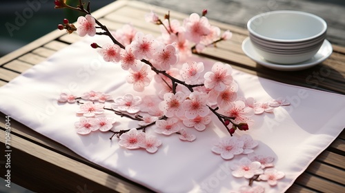 Beautiful table setting with sakura flowers, closeup 