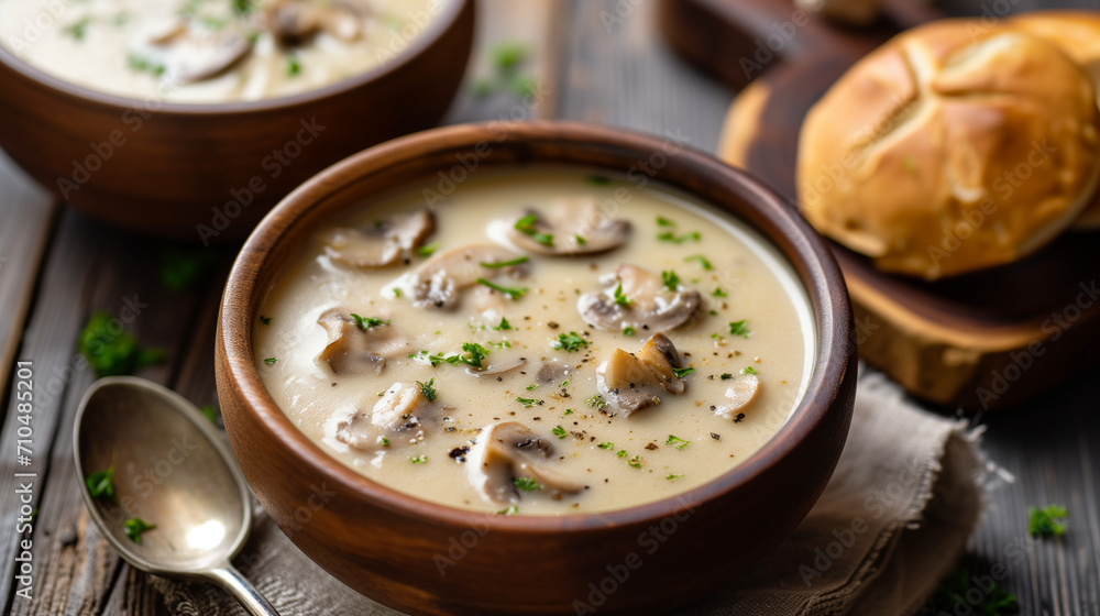 Creamy mushroom soup with bread, featuring a mushroom puree with slices of mushrooms on top. Served in bowl on a wooden background.