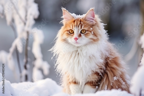 Gato de pelo largo bajo la nieve. photo