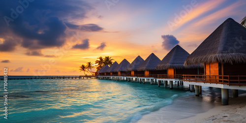 Tropical beach panorama view, Bungalows stay in Sea, coastline with palms, Caribbean sea under sunset light, summer evening time, Tropical seascape, turquoise sea and white sand.
