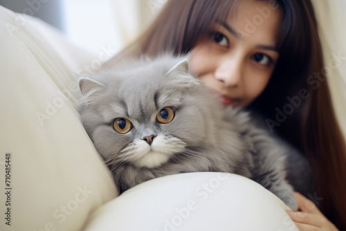 Gato persa gris en el sofá de casa con su dueña asiática. photo