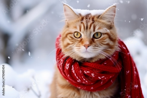 Gato bajo la nieve con bufanda roja.