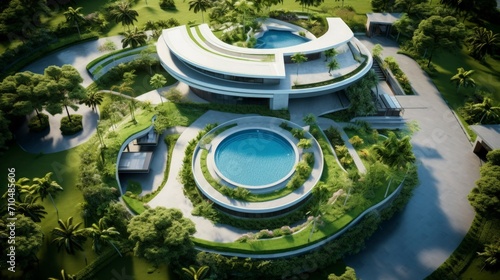 Capturing the essence of forward-thinking living, this futuristic home design, seen from a captivating drone view, showcases avant-garde architecture, blending seamlessly with the landscape