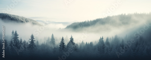Beautiful scene of winter forest. Colorful morning view of misty mountains during sunrise. Beauty of nature concept background.