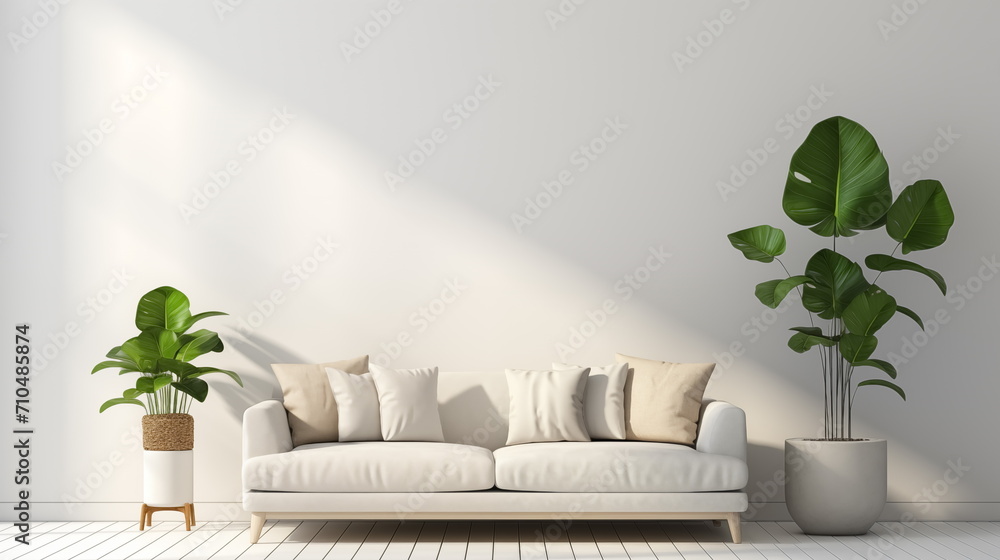 Modern white and clean living room, Minimal style, Green plant in white room, Interior design, Generated AI - obrazy, fototapety, plakaty 