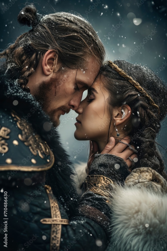 Fototapeta premium In an epic portrayal of love, a valiant Viking couple embraces passionately against a medieval backdrop, creating a captivating scene for a romance novel's enchanting book cover