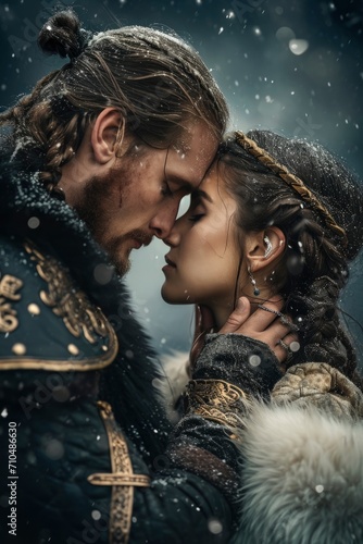 In an epic portrayal of love, a valiant Viking couple embraces passionately against a medieval backdrop, creating a captivating scene for a romance novel's enchanting book cover