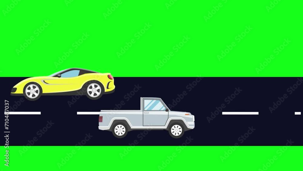 Running cars on the road, cartoon animation on green screen background Running cars on the road, cartoon animation on green screen background