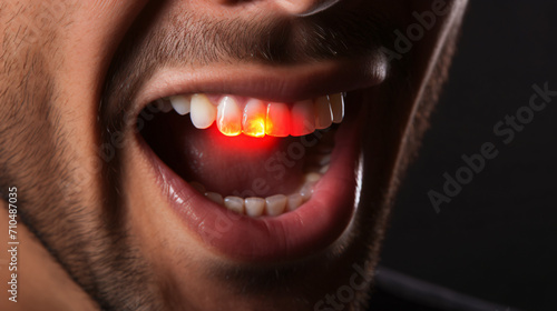 Man showing inflamed gum on grey background closeup